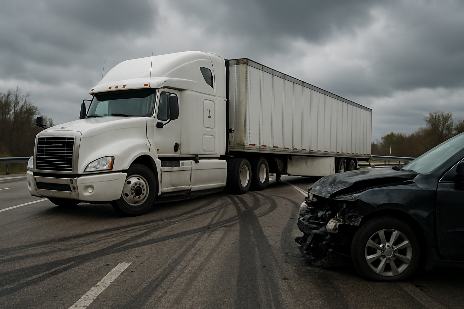 Jackknifed 18-wheeler semi truck after a highway accident