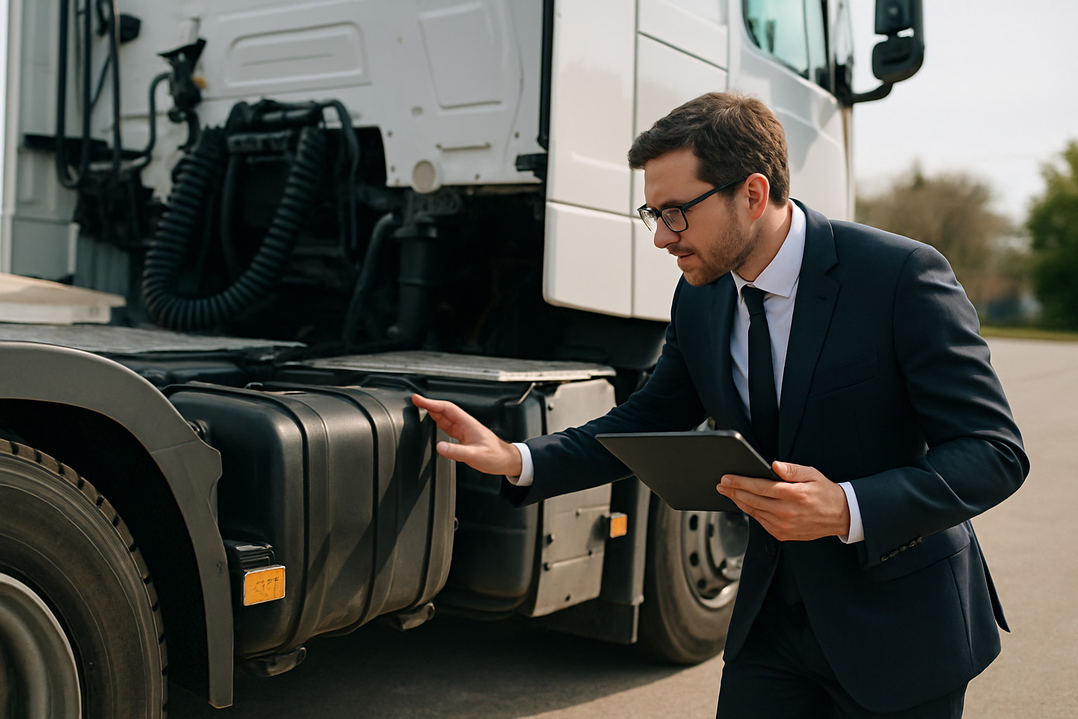 Lawyer inspecting a semi truck after a crash
