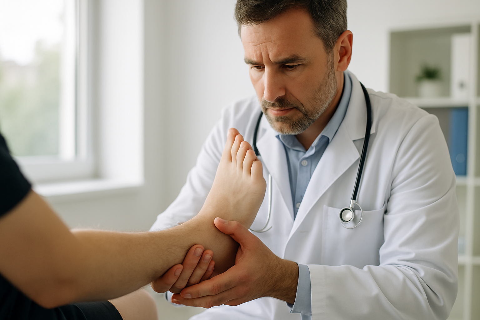 Doctor examining an ankle injury after a car accident