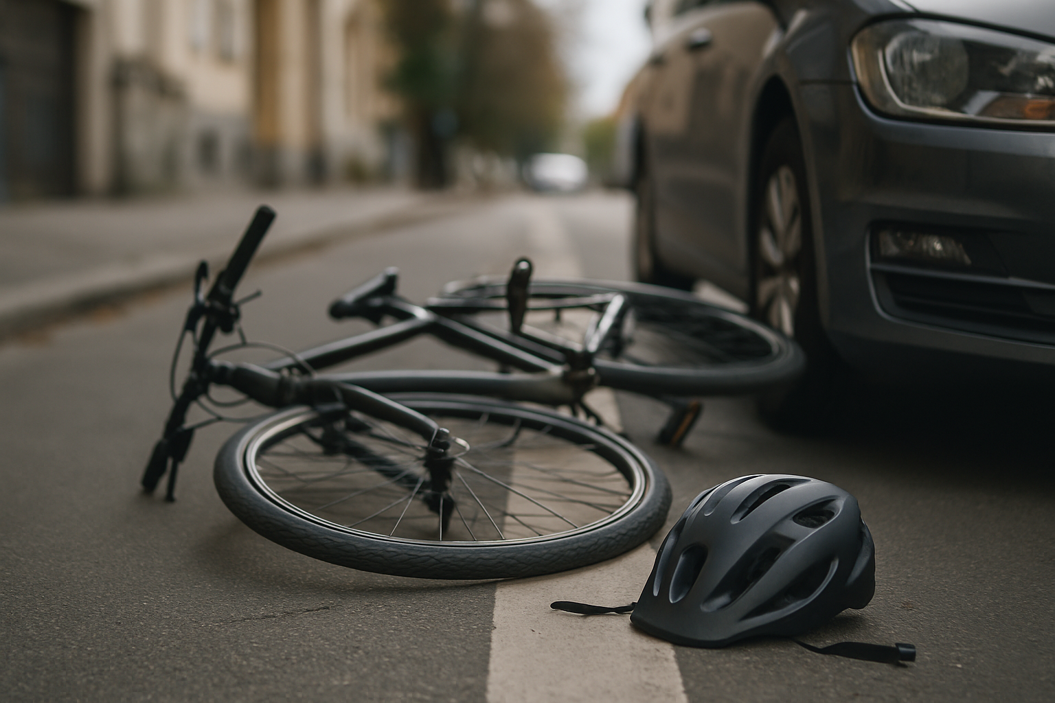 Bicycle and car after a collision in a bike lane