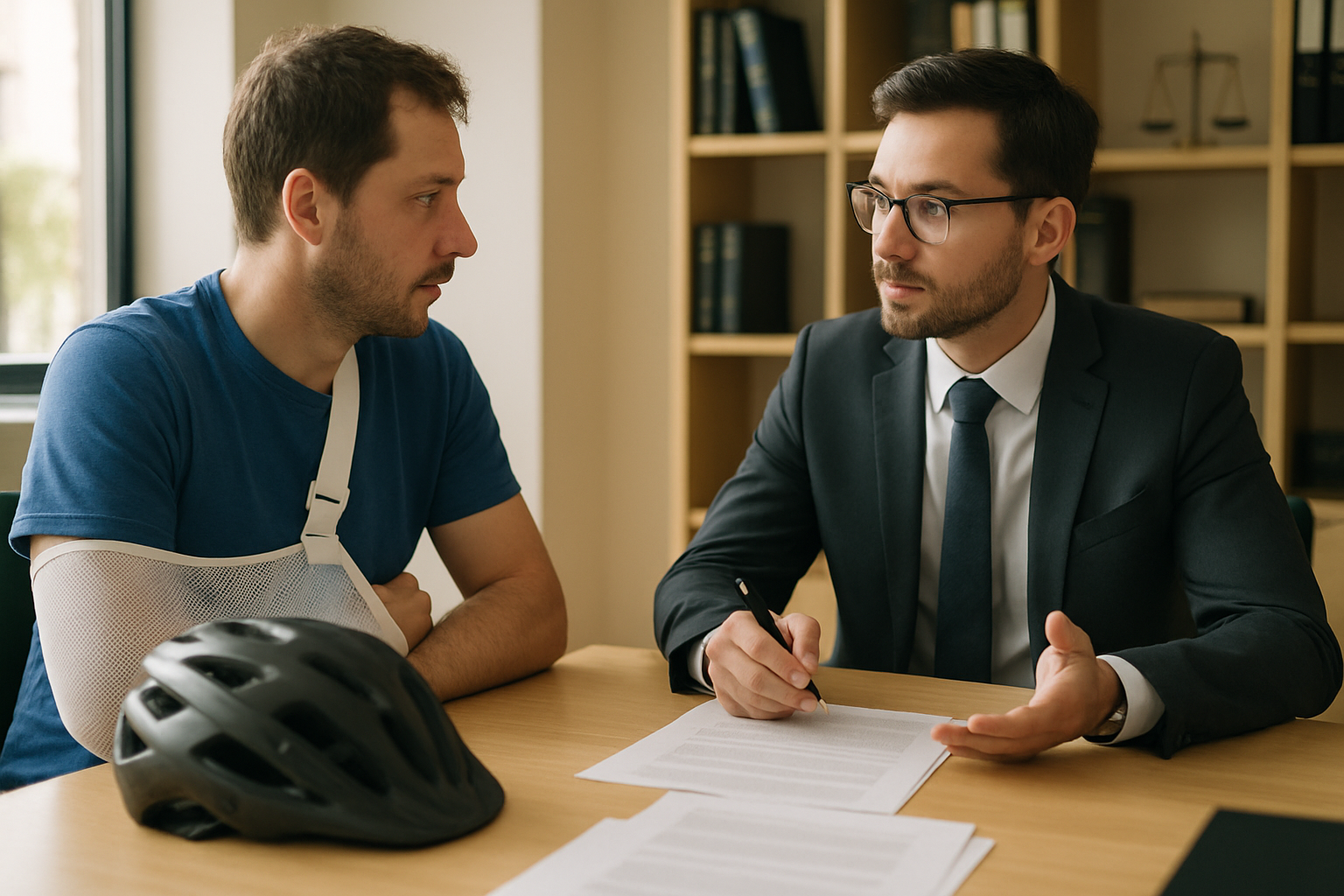 Injured cyclist meeting a bicycle accident lawyer