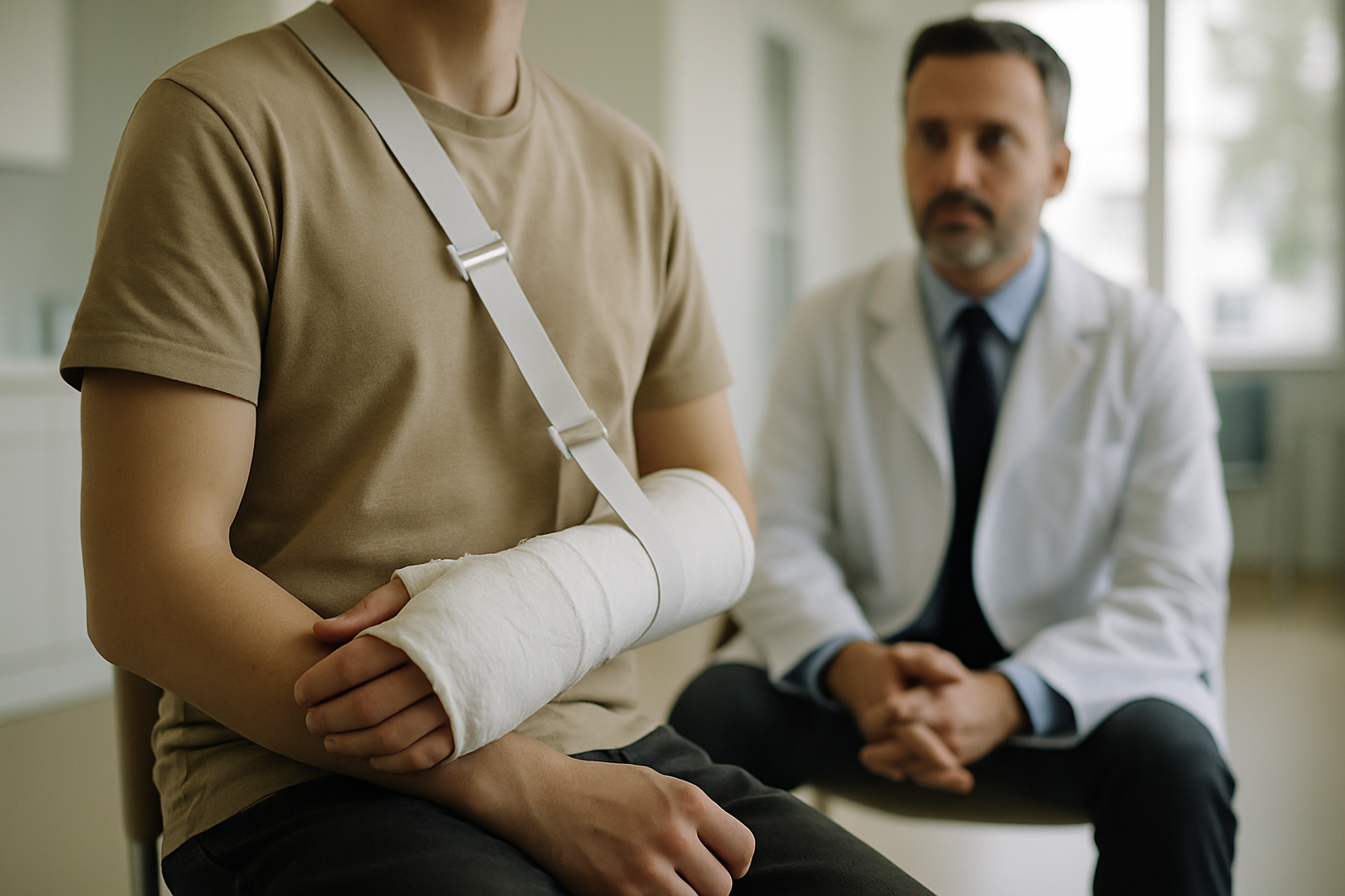Broken arm in a cast after a car accident
