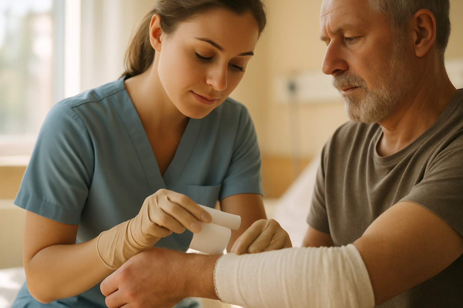 Nurse changing a burn injury dressing