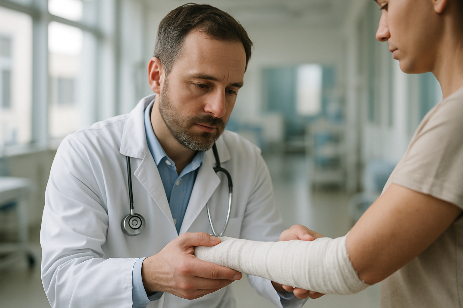 Doctor examining a bandaged burn injury