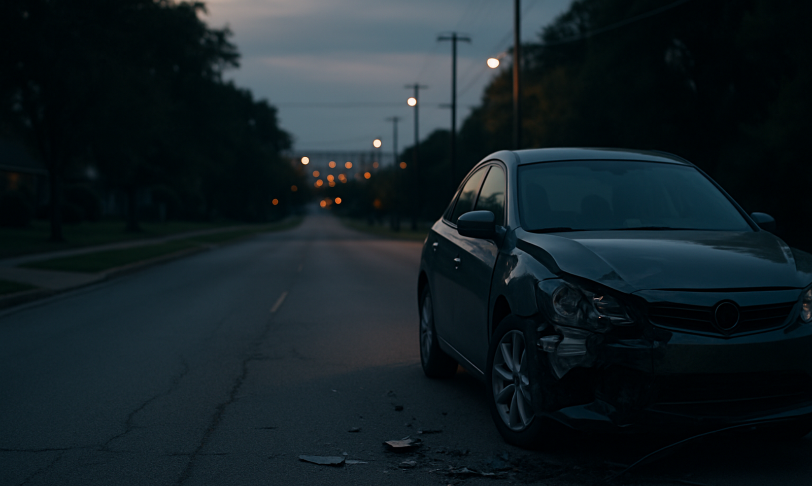 Car accident legal guide header - road at dusk
