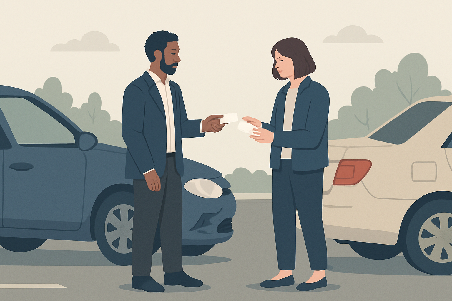 A calm scene of two drivers exchanging information beside minor car damage on a roadside, professional and safe