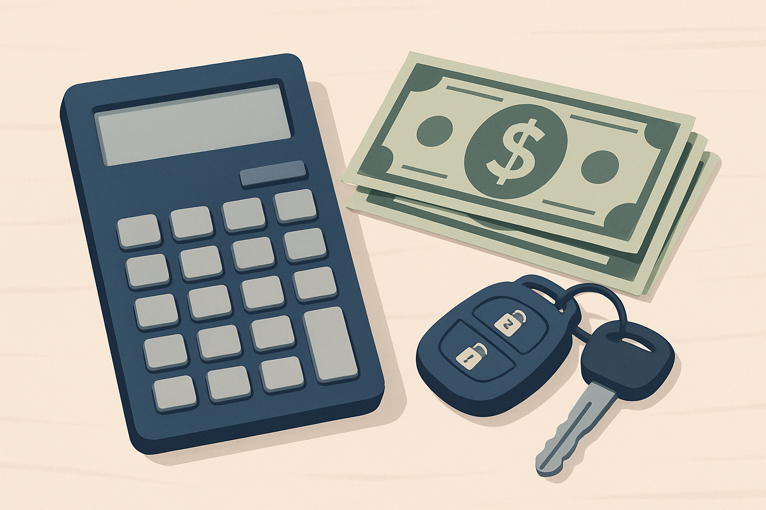 A calculator, dollar bills, and a car key on a desk symbolizing a settlement calculation