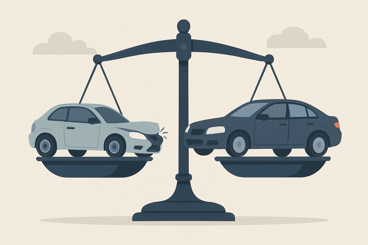 A balance scale weighing two cars symbolizing shared fault percentages