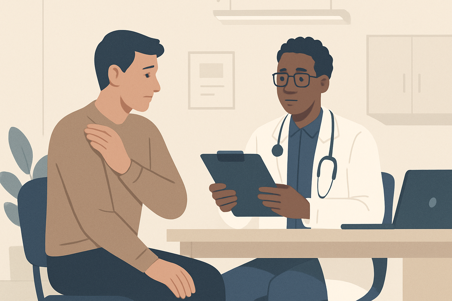 A person holding their shoulder consulting a doctor days after an incident, clean clinic
