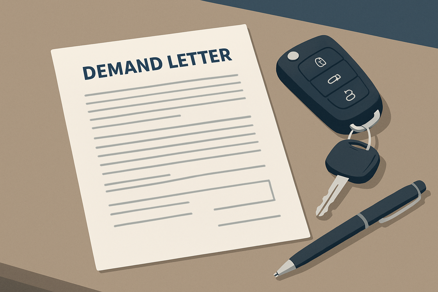 A formal demand letter document with a pen and car key on a professional desk