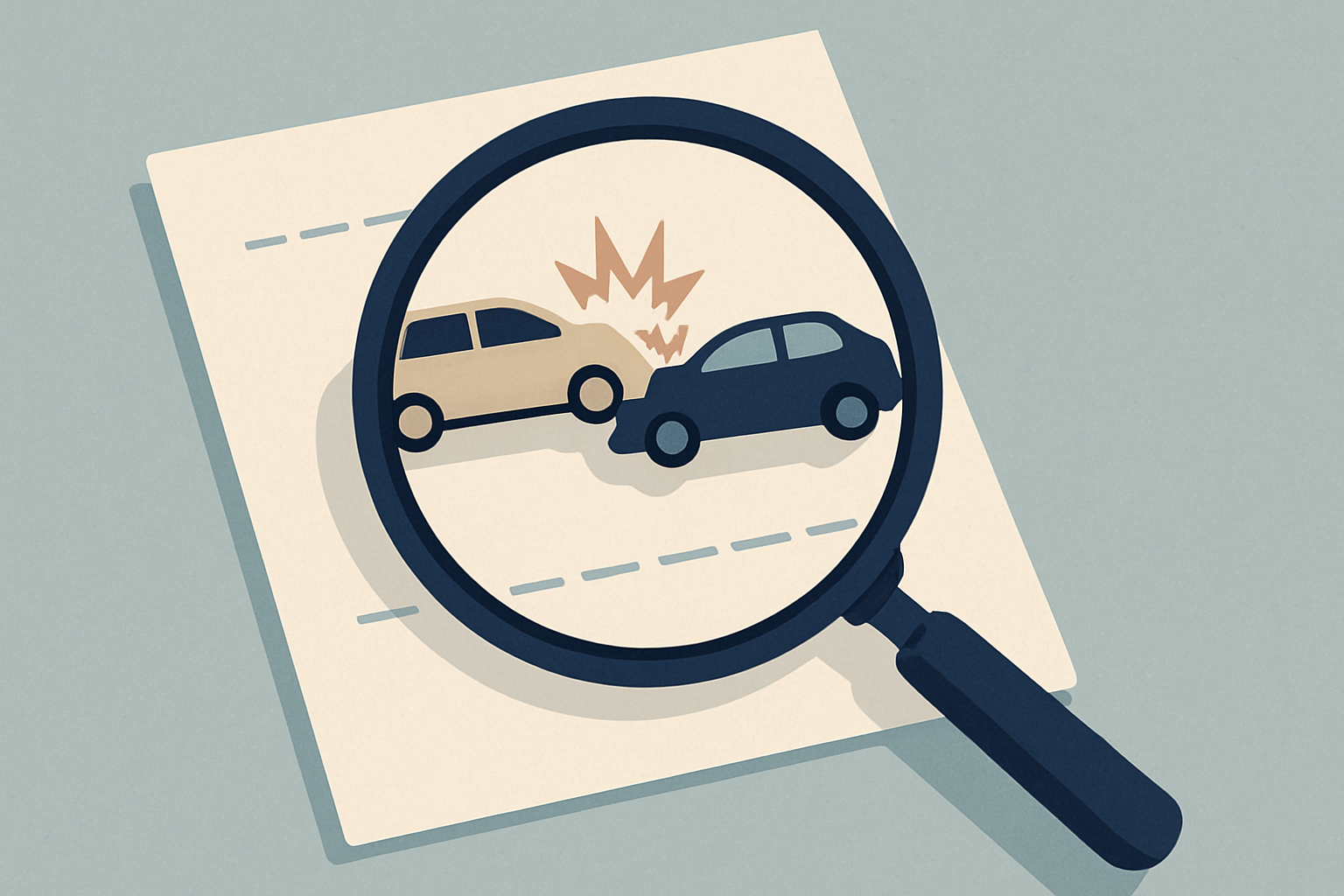 A magnifying glass over a car accident diagram symbolizing fault investigation