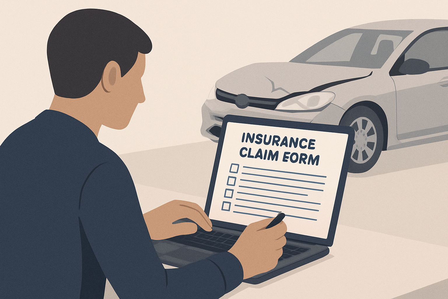 A person filling out an insurance claim form on a laptop with a car in the background