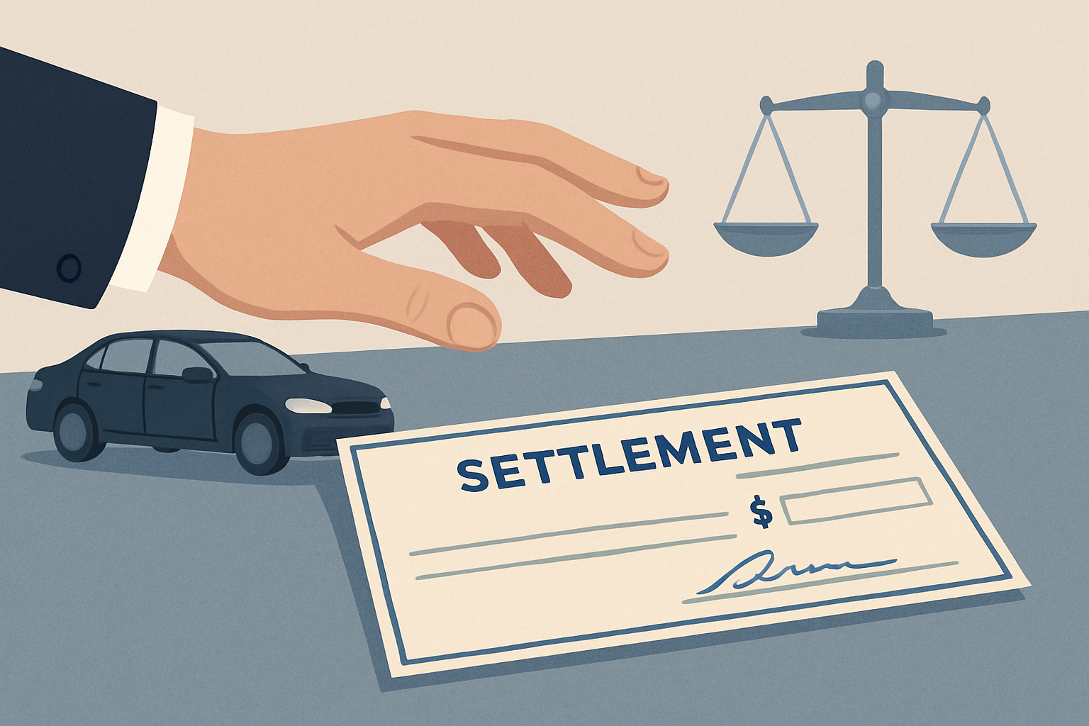 A hand hesitating over a settlement check symbolizing whether to accept an offer