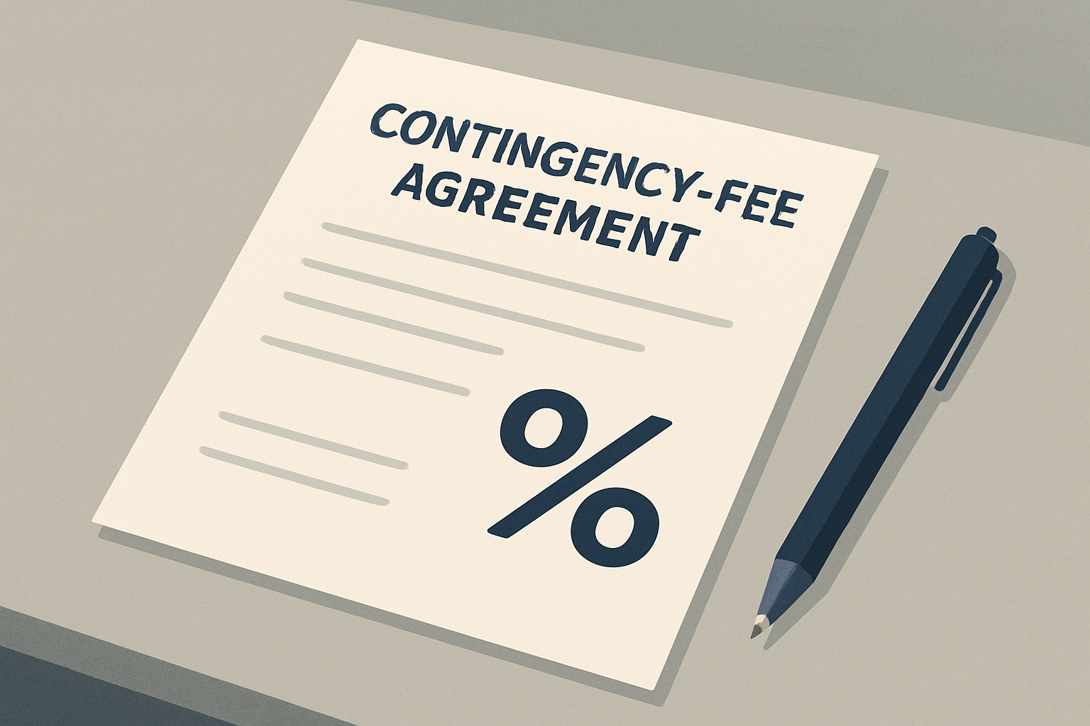 A contingency-fee agreement document with a percentage symbol and a pen on a desk