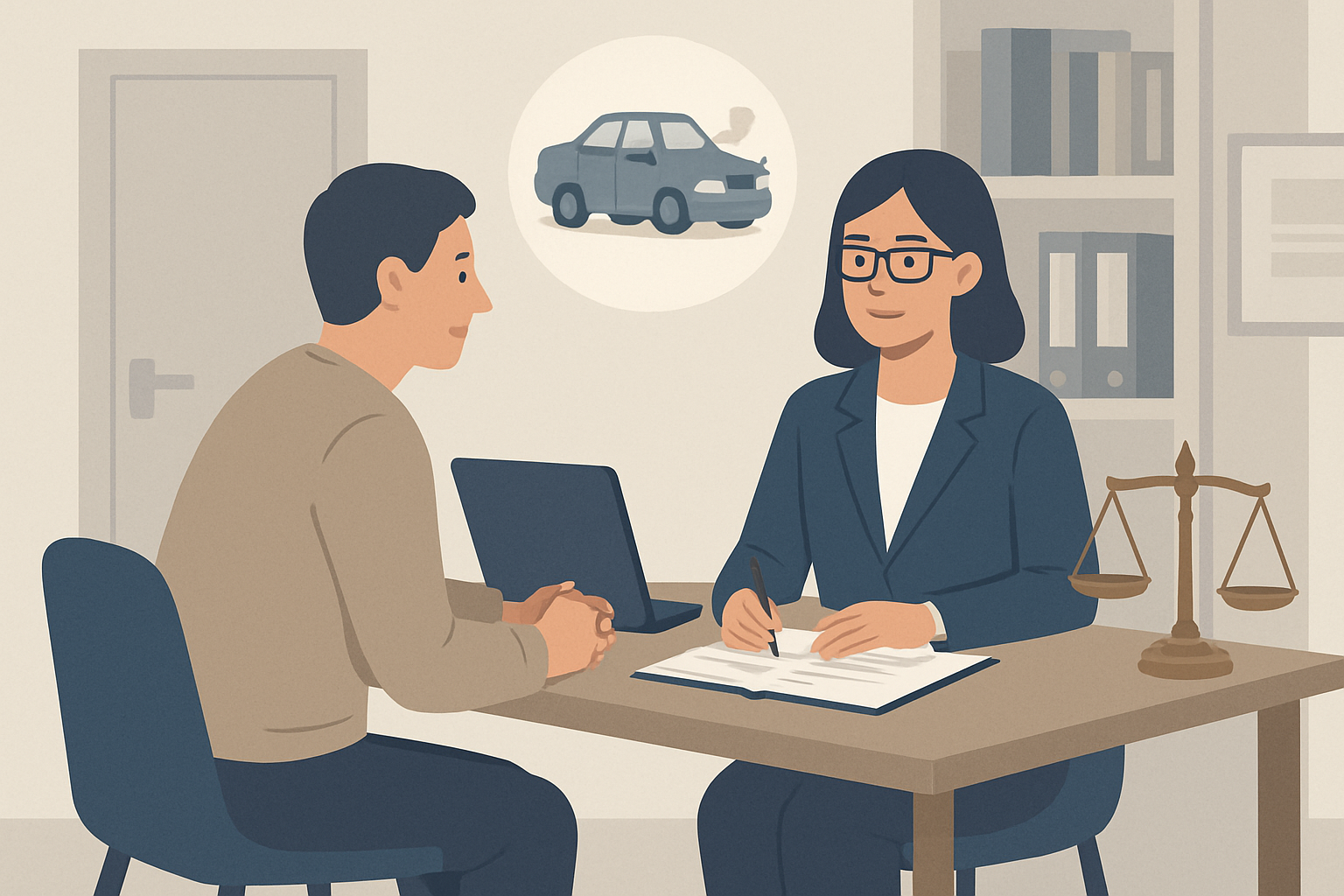 A person consulting a lawyer at a desk about a minor car issue, professional office