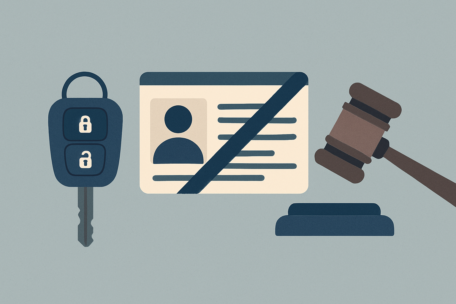 A car key beside a suspended license concept and a gavel symbolizing uninsured penalties