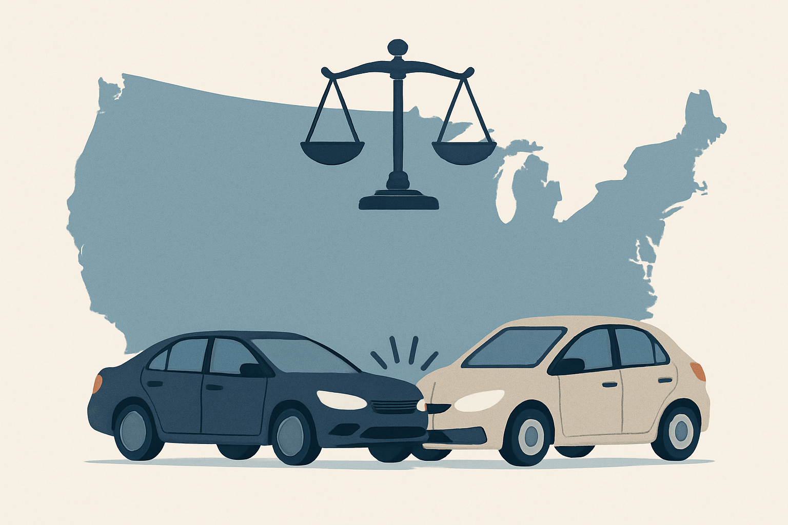 A US map concept with two cars and a scale of justice symbolizing fault systems