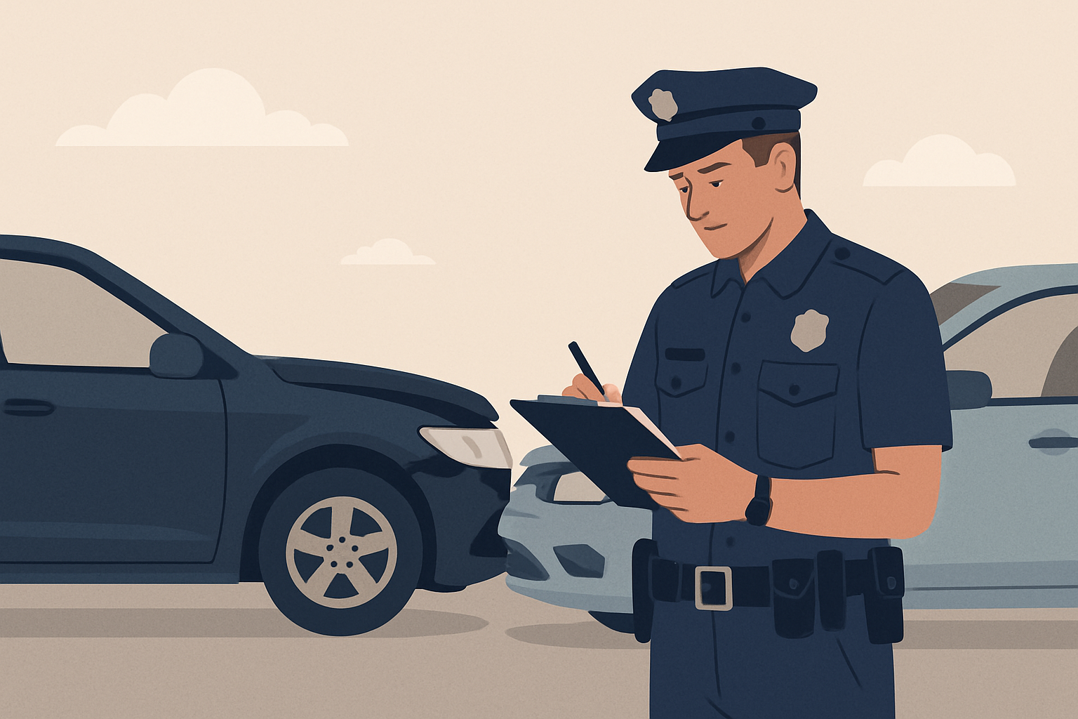 A police officer writing a report beside two parked cars at a minor accident scene