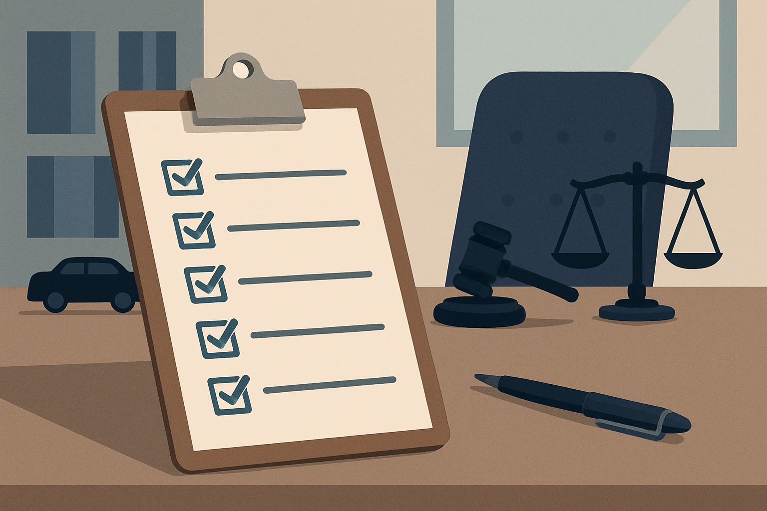 A checklist of questions on a clipboard beside a lawyer's desk, professional