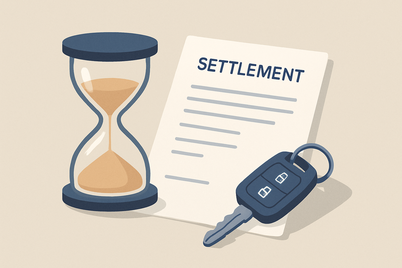 An hourglass beside legal settlement papers and a car key symbolizing time