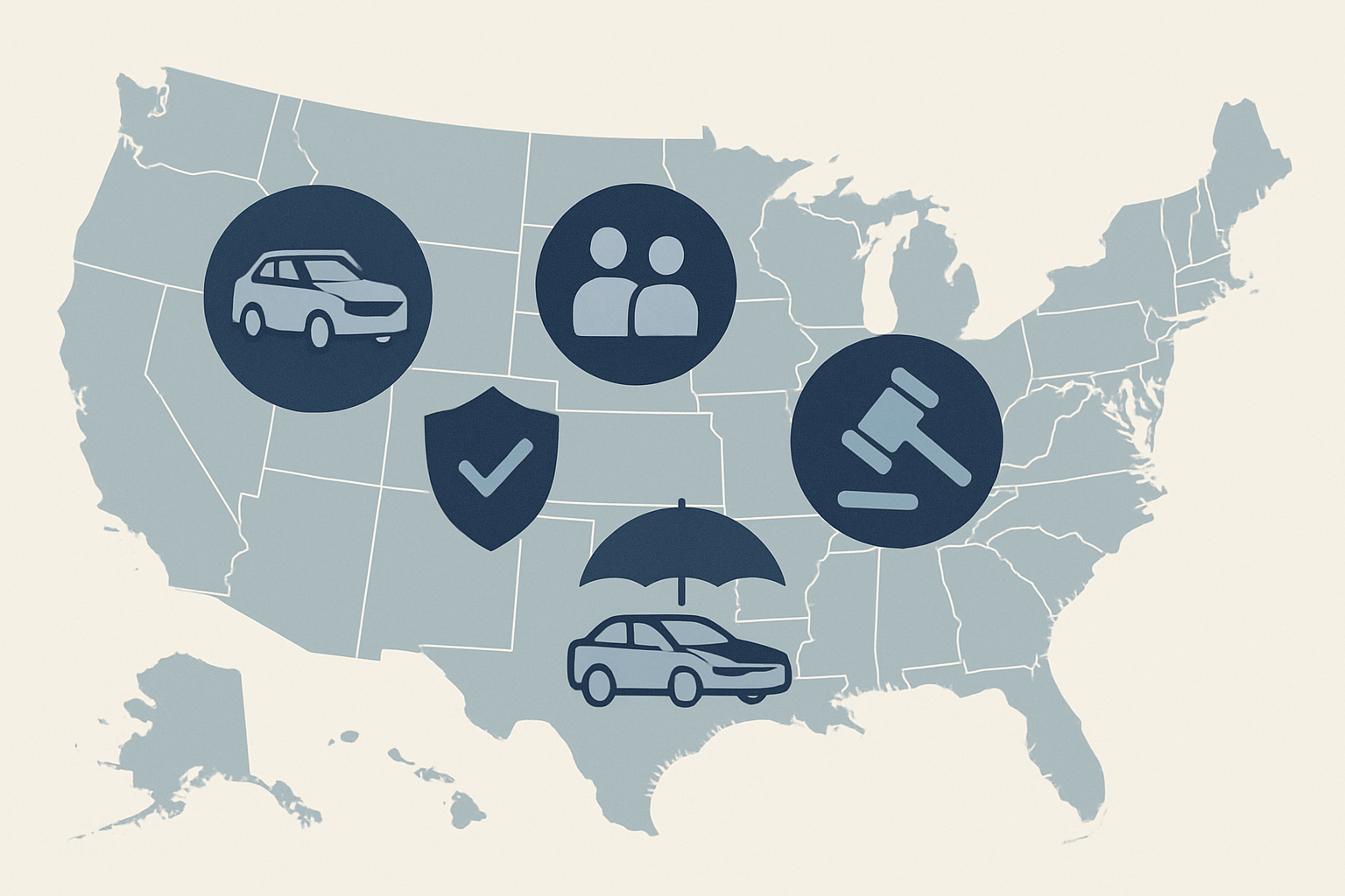A US map with insurance coverage icons symbolizing state minimum requirements