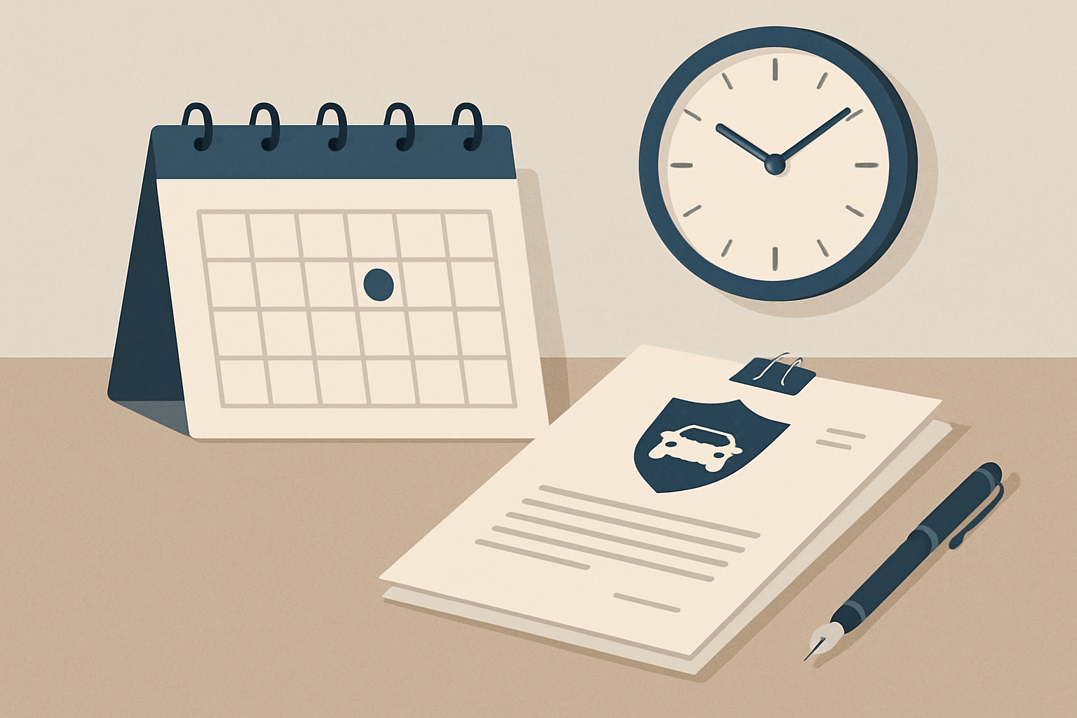 A desk with a calendar, a clock, and legal documents symbolizing a filing deadline
