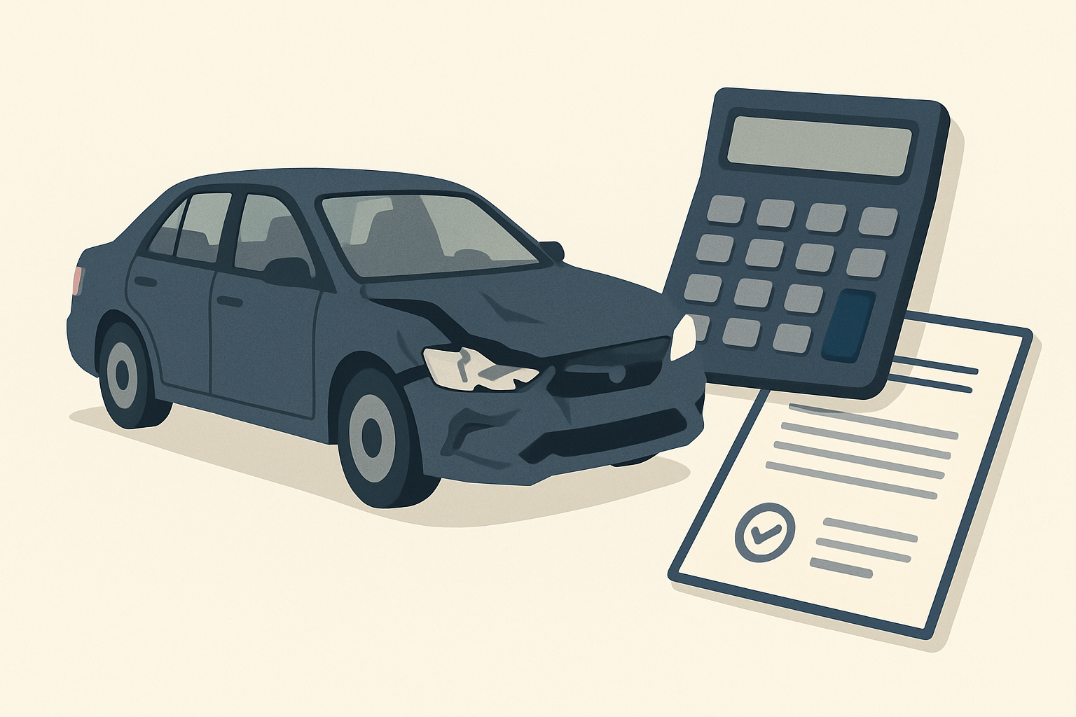 A damaged car beside a calculator and valuation documents, professional insurance scene