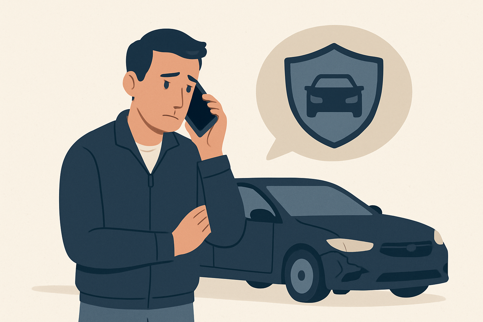 A worried but calm driver on the phone beside a car symbolizing an uninsured motorist claim