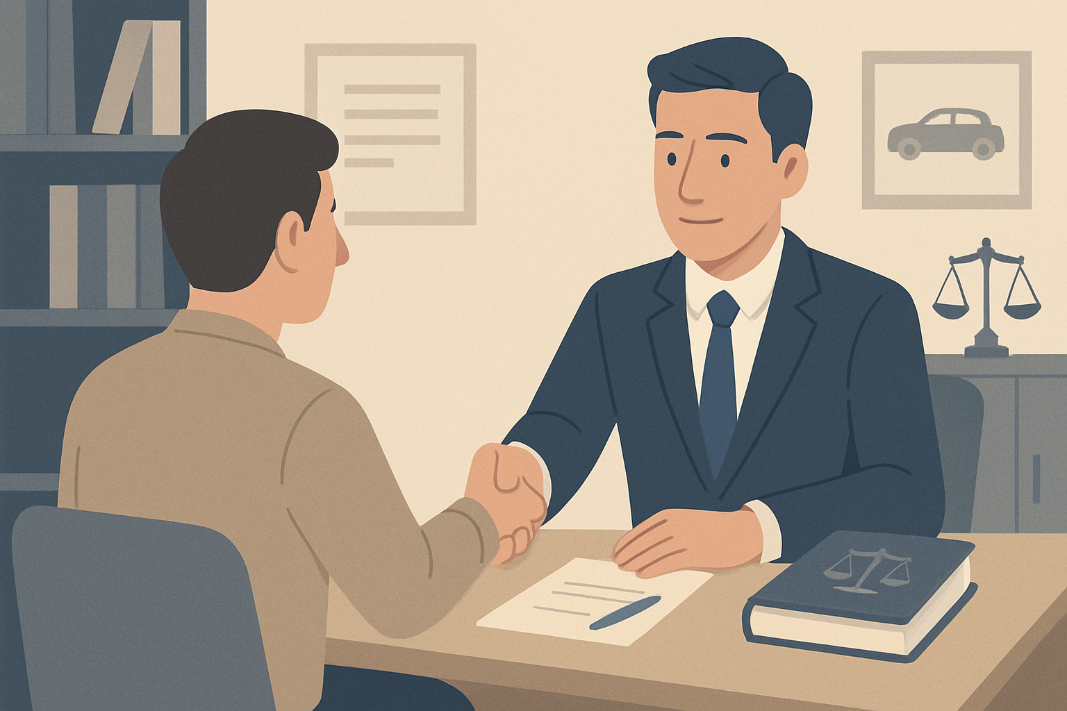 A person shaking hands with a lawyer in a professional office symbolizing hiring