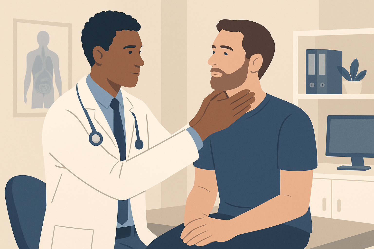 A doctor examining a patient's neck in a clinic, professional medical setting, no distress