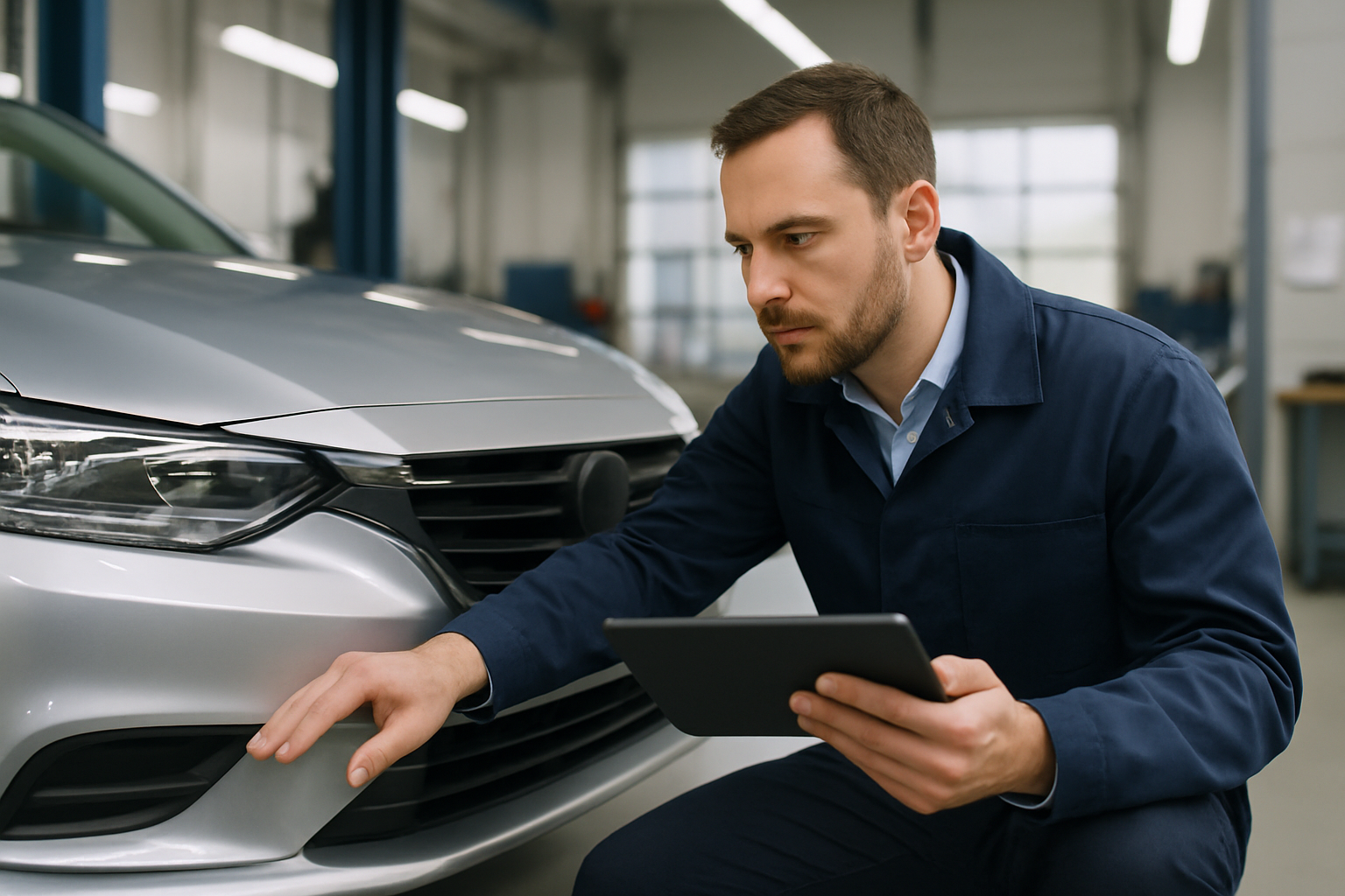 Vehicle appraiser inspecting a repaired car to assess its diminished value
