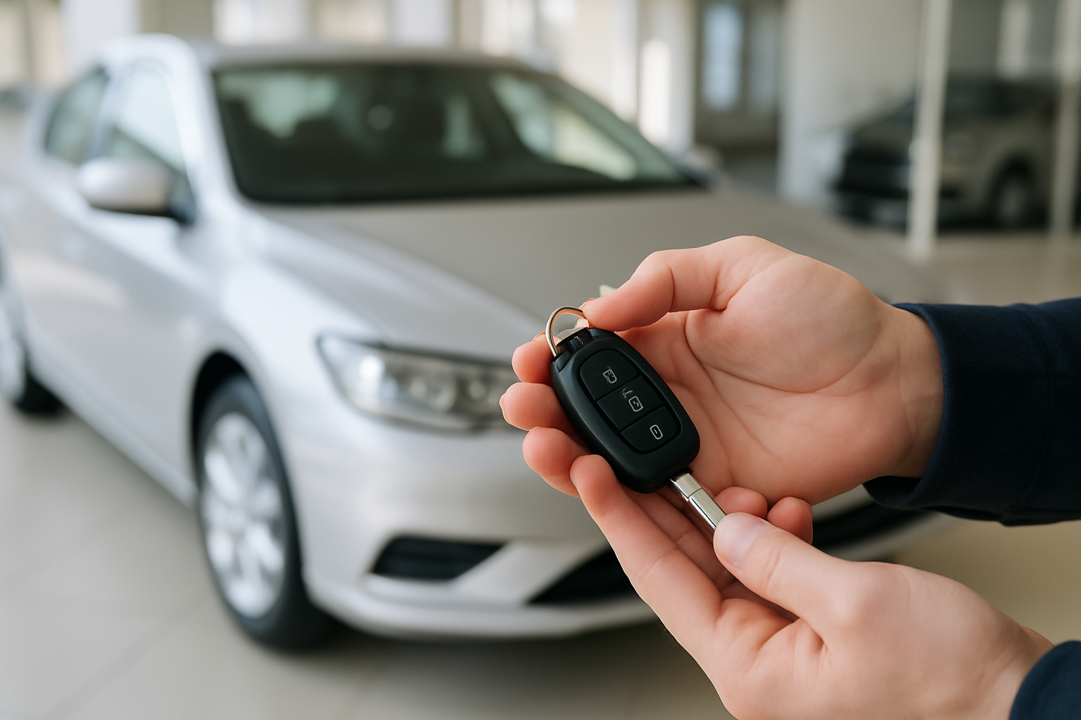 Car owner holding keys next to a repaired vehicle