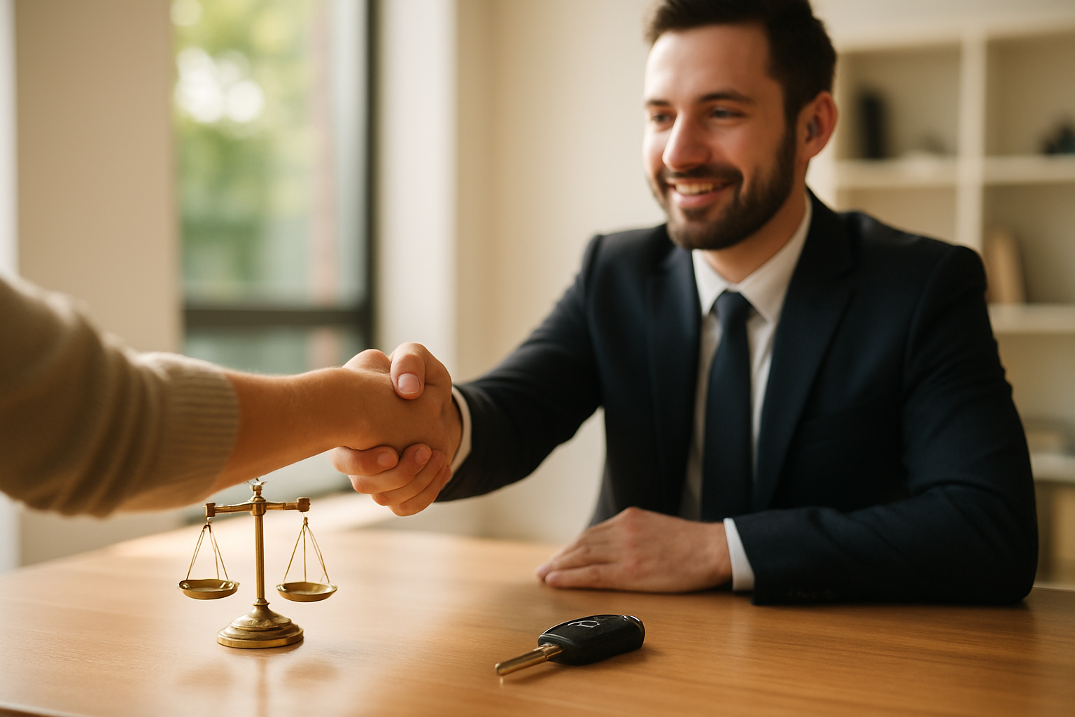Shaking hands with a car accident lawyer in an office