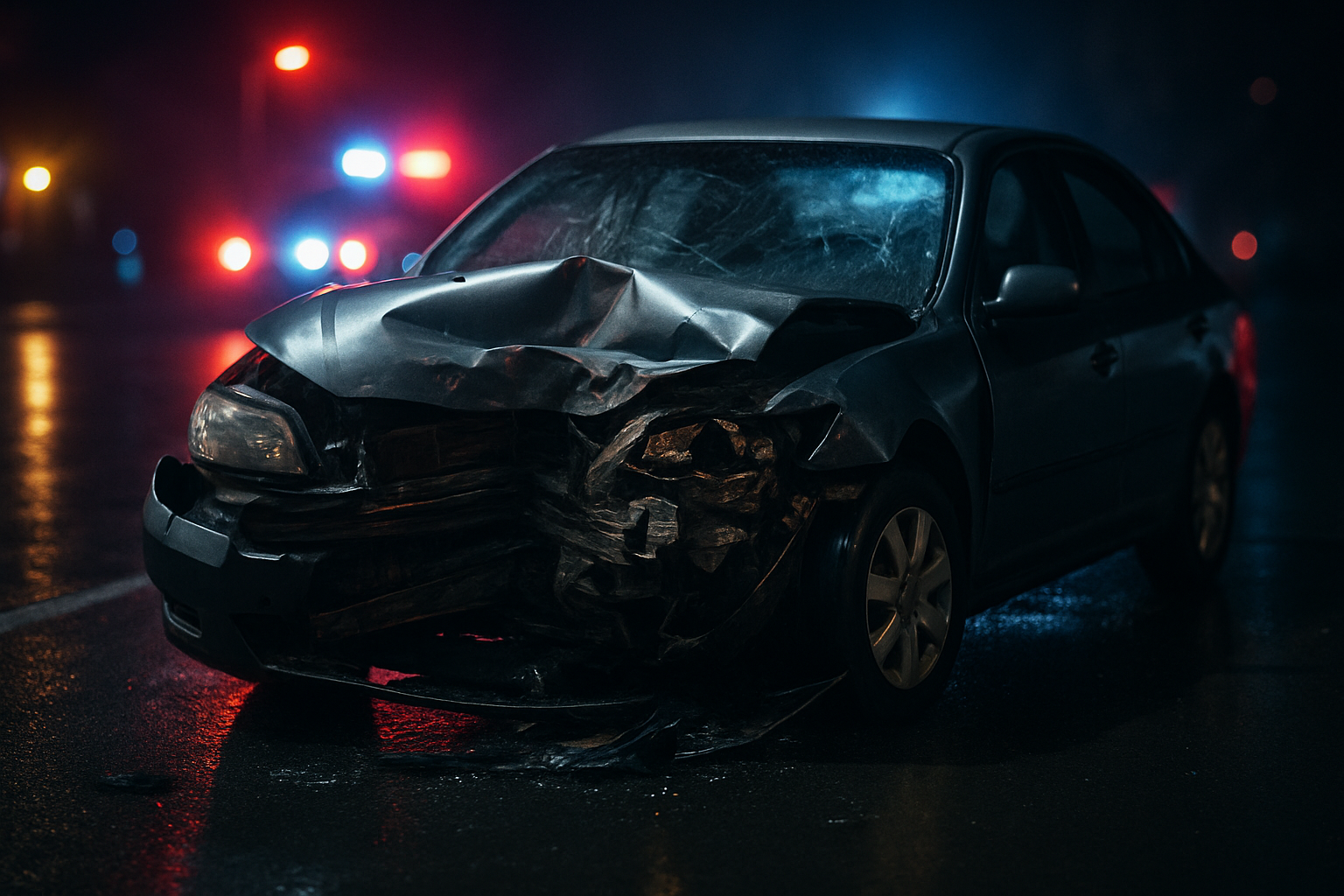 Wrecked car at night after a drunk driving accident