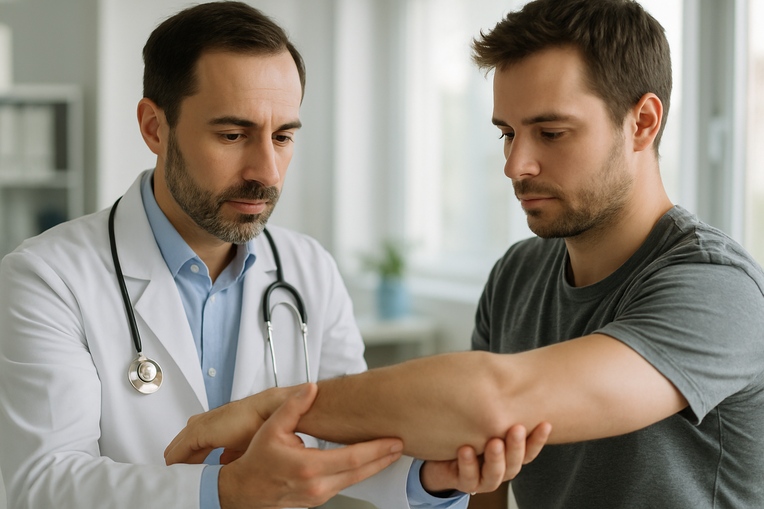 Doctor examining an elbow injury after a car accident
