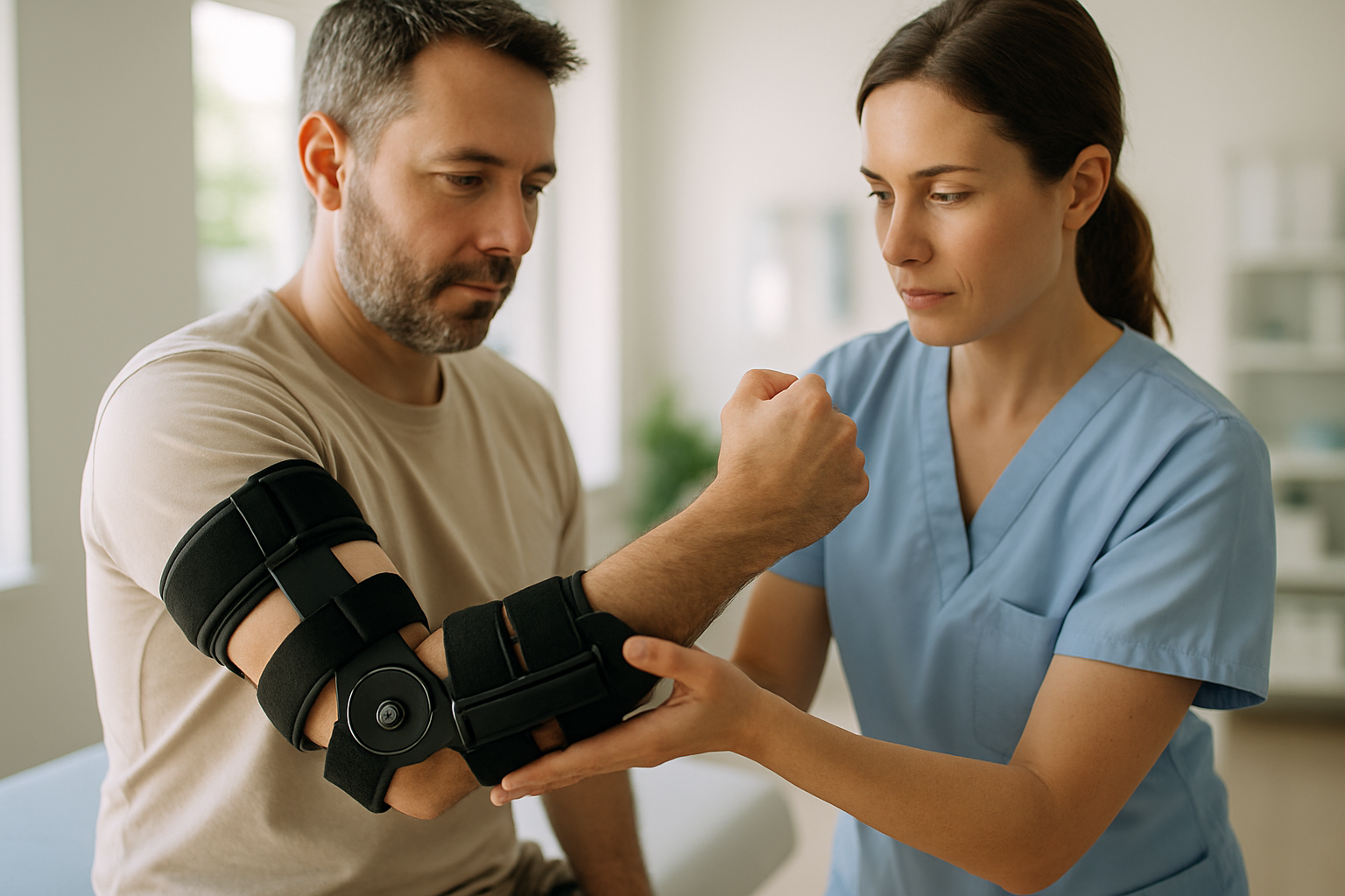 Elbow injury rehabilitation with a therapist