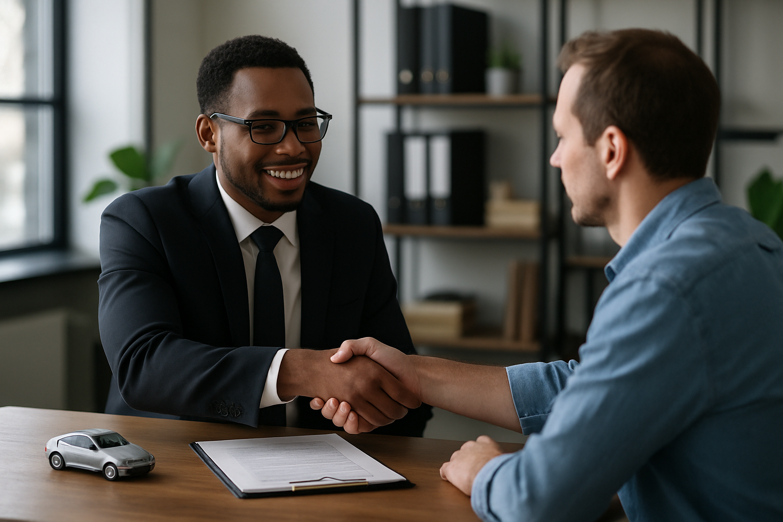 Car accident lawyer meeting a client in a modern law office