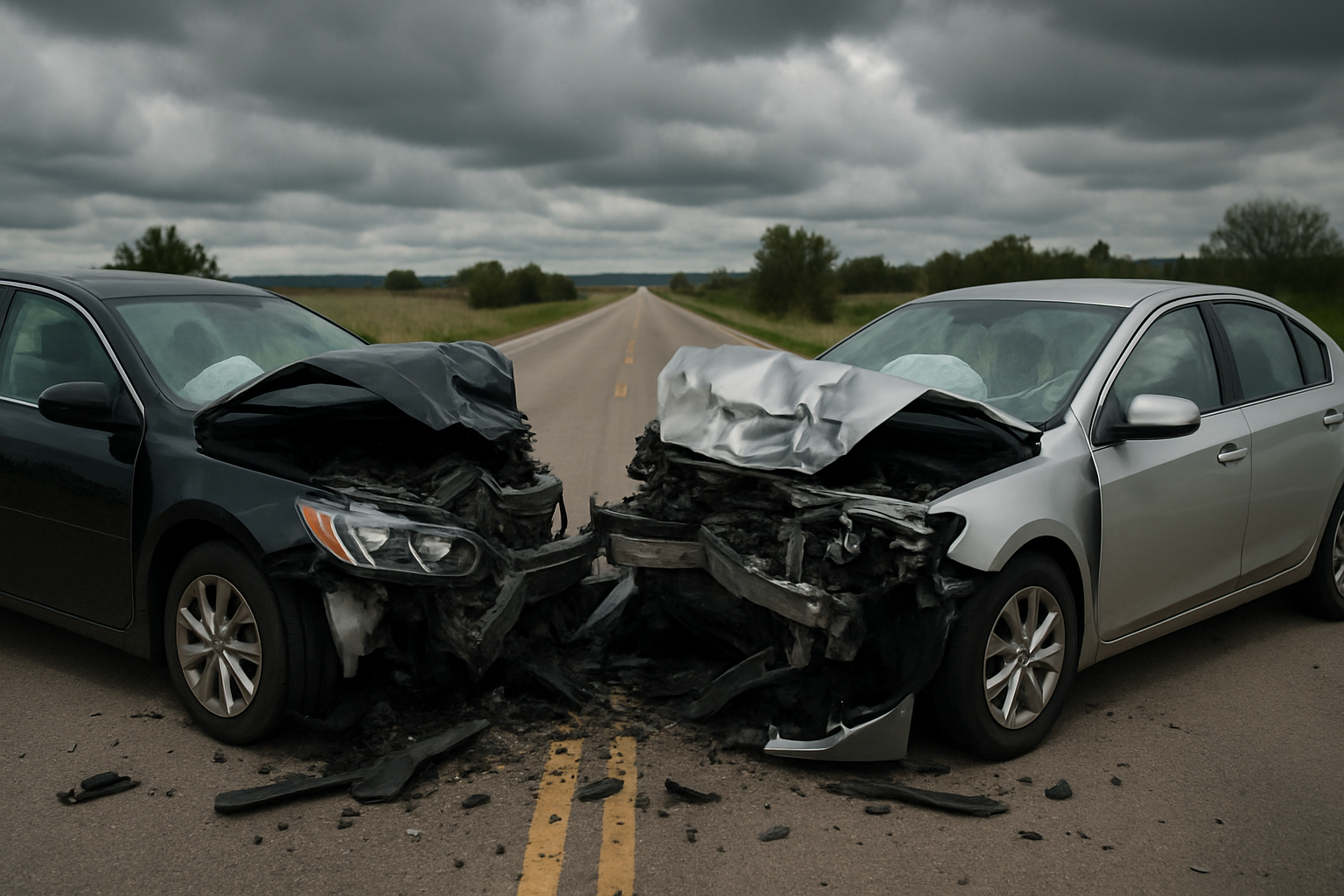 Two cars after a head-on collision on a highway
