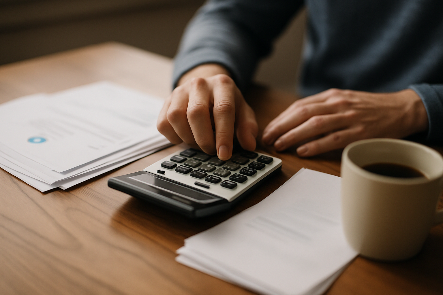 Medical bills and a calculator on a desk after a car accident