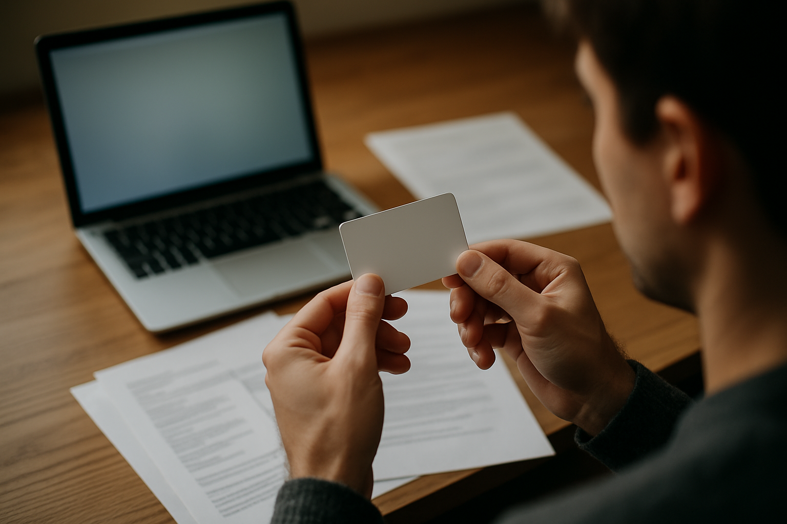 Person reviewing paperwork and holding an insurance card after a car accident