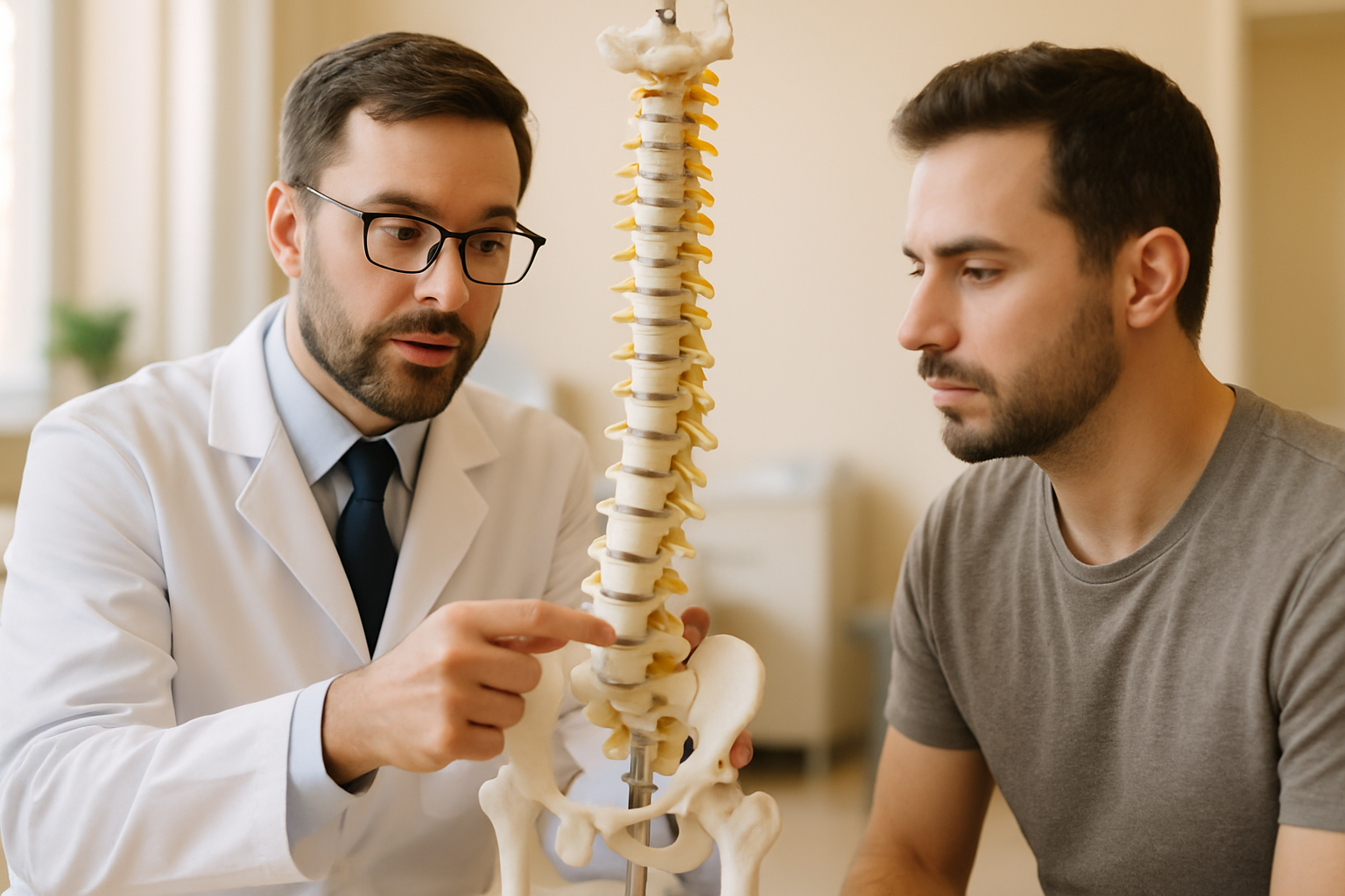Doctor explaining a herniated disc using a spine model