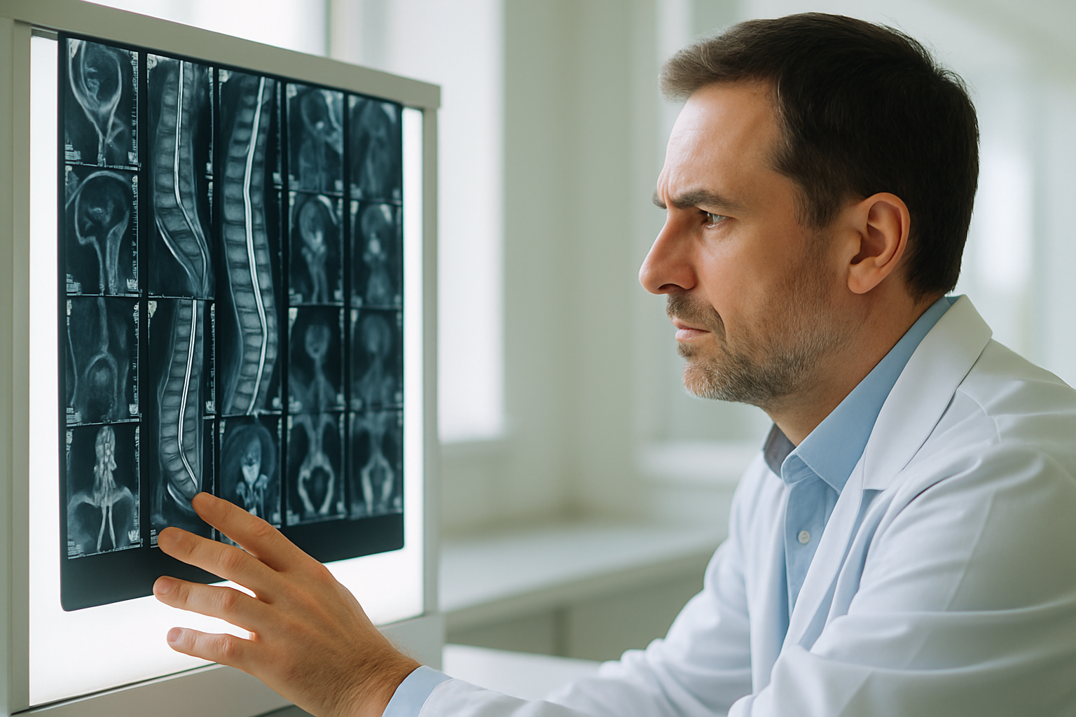 Radiologist reviewing a spine MRI for a herniated disc