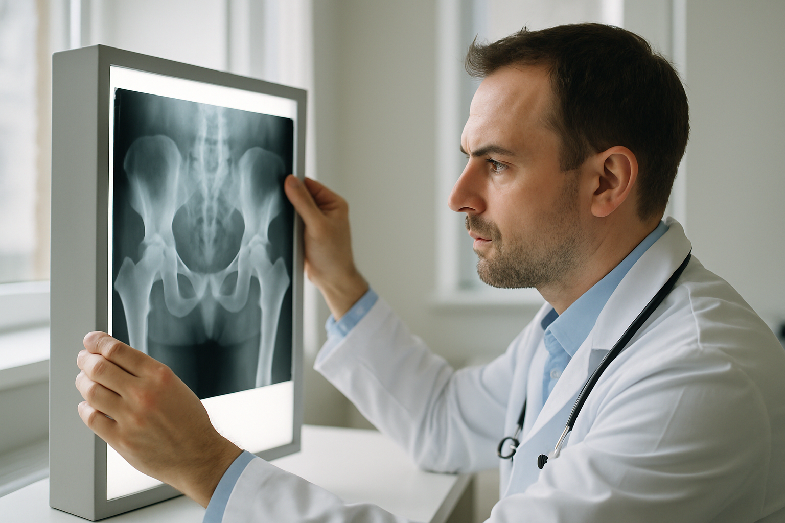 Doctor reviewing a hip X-ray after a car accident