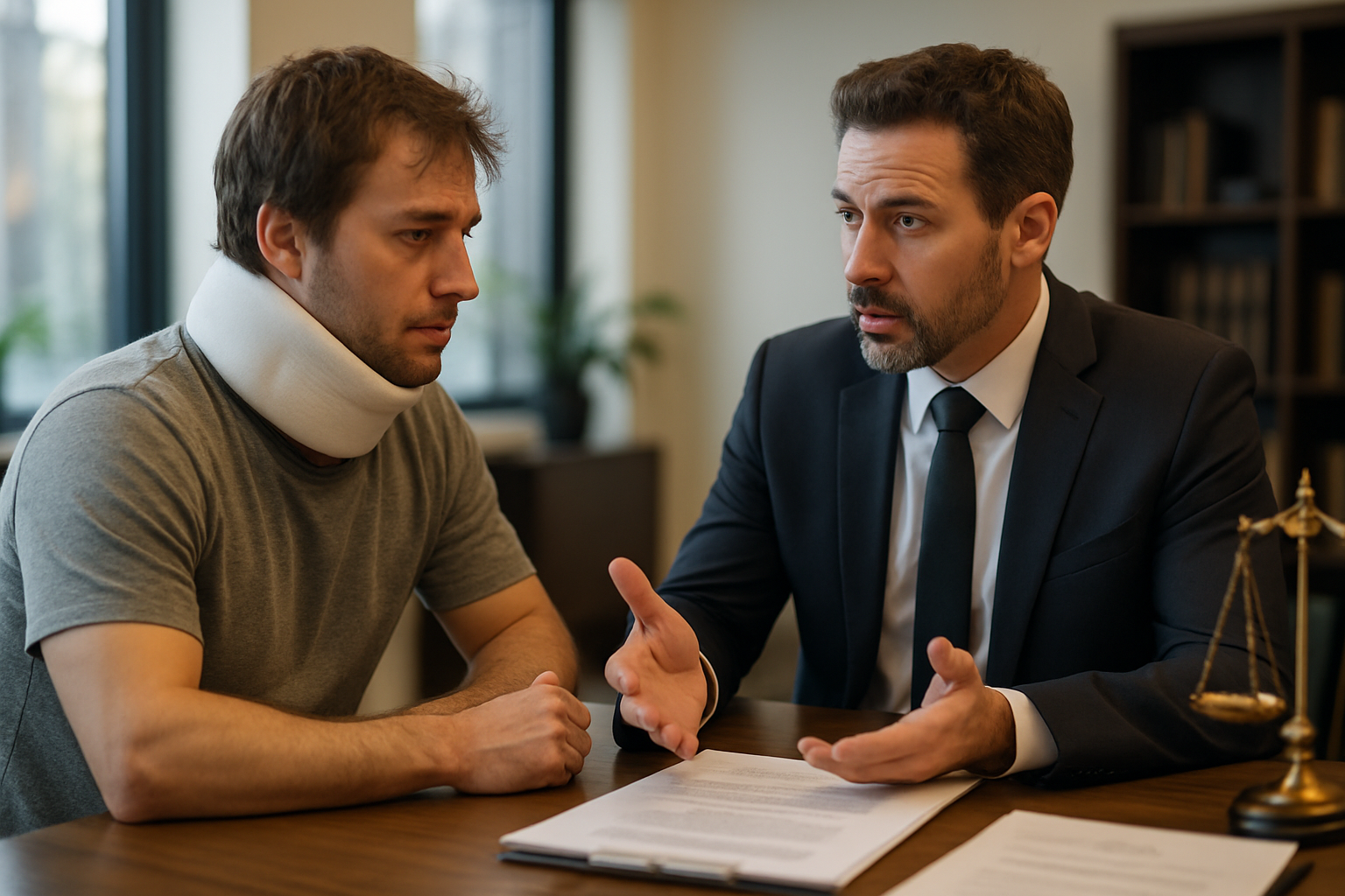 Two people meeting with a lawyer after a car accident