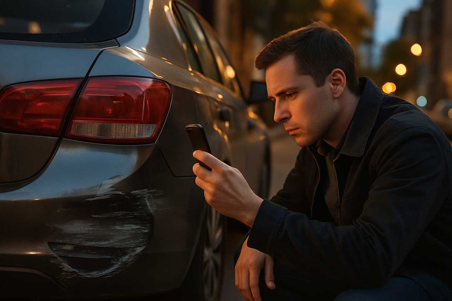 Driver photographing damage to a parked car after a hit-and-run accident