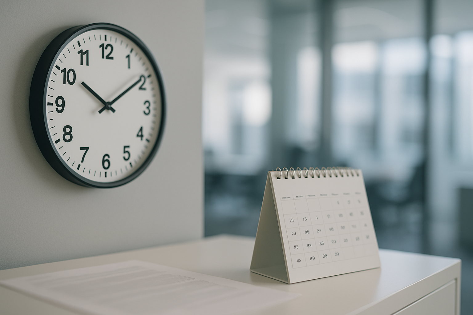 Calendar and clock on an office desk