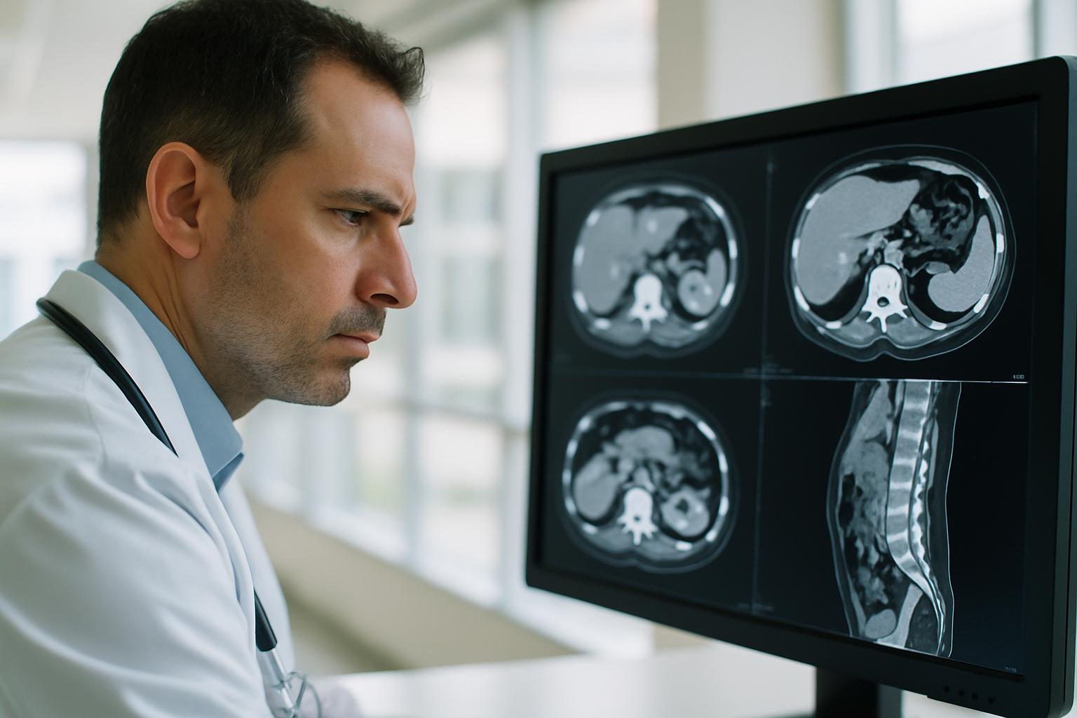Doctor reviewing a CT scan for internal injuries