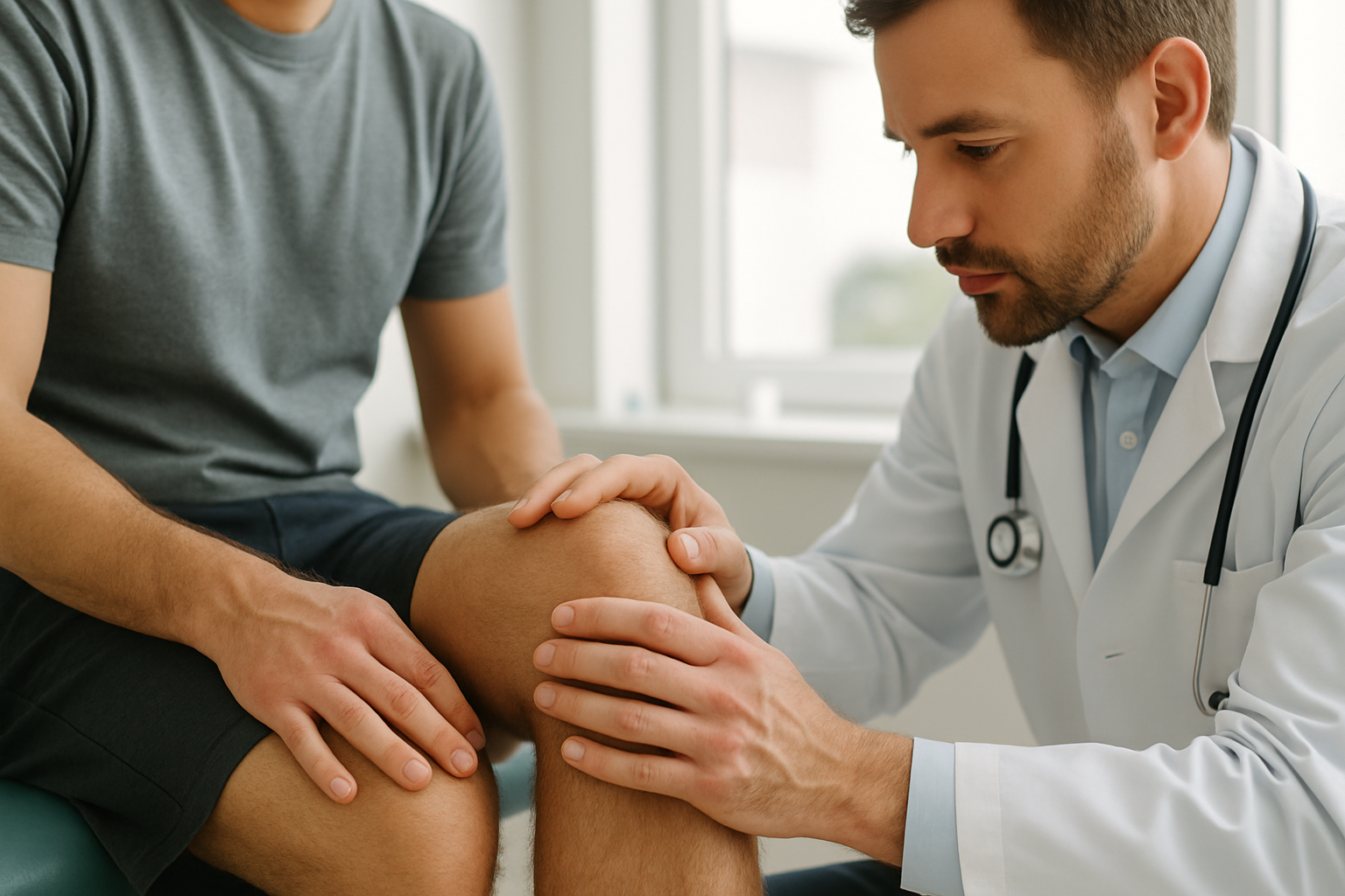 Doctor examining a knee injury after a car accident