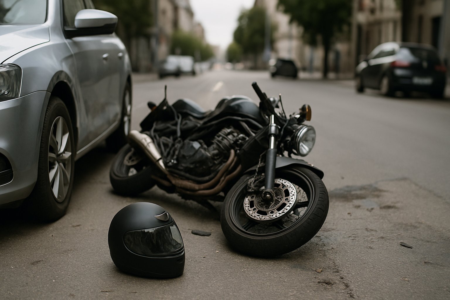Motorcycle and car after a collision on a city street