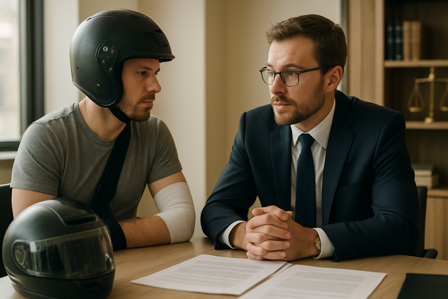 Injured motorcyclist consulting a local lawyer